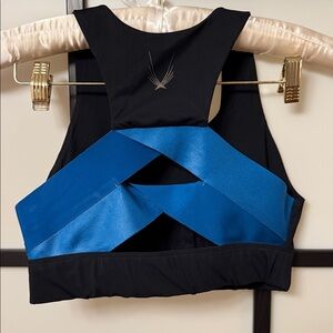Lucas Hugh London Luxury Sports Bra | Black with Electric Blue Cross-Back Straps